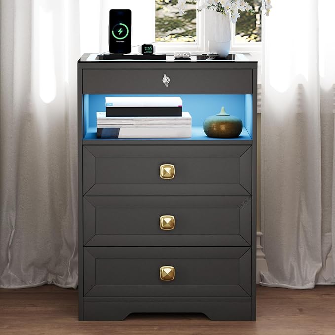 Smart Nightstand with Lockable Gun Drawer,Farmhouse Bedside Table with Charging Station and 3 LED Lights, Modern Night Stand with 3 Drawers,Glass Top End Side Table for Bedroom（Black） - Image 9
