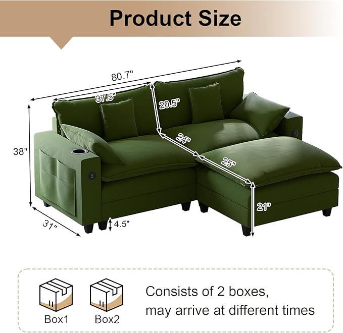 80.7" Modular Sectional Sofa, L Shaped Cloud Couch with Movable Ottoman, Chenille Deep Seat Cloud Sofa with Charging Station, Cup Holder, Side Pocket, Sectional Couches for Living Room, Green