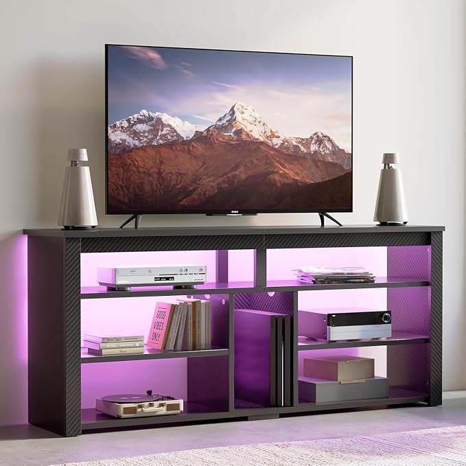 Bestier LED Tall TV Stand, Entertainment Center for 55/60/65 Inch TV, Gaming TV Console with Storage for PS4, Adjustable Shelf TV Cabinet for Living Room Bedroom, Carbon Fiber Black - Image 7
