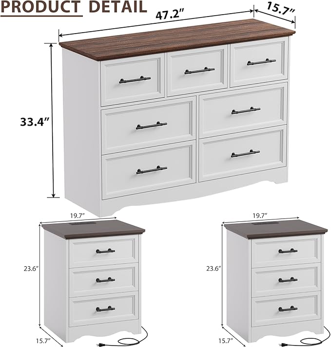 Bedroom Set, 3 Pieces Bedroom Furniture Set, Wood 7 Drawer Dresser and 3 Drawers Nightstands with Charging Station, Farmhouse Storage Organizer Cabinet for Bedroom, White