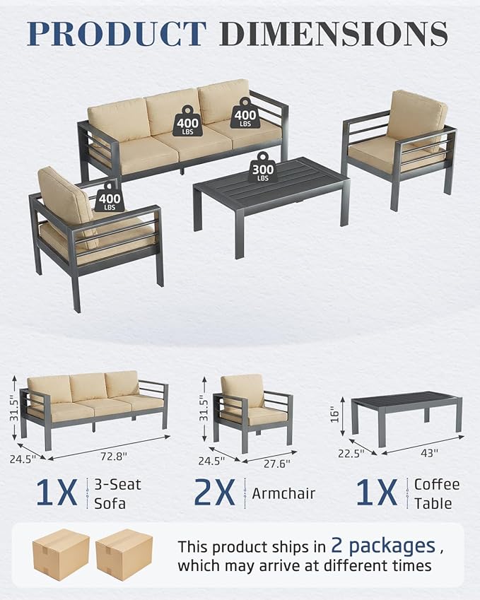 AECOJOY Aluminum Patio Furniture Set, 5 Seats Modern Outdoor Furniture with Coffee Table, 4 Pieces Metal Conversation Sectional Sofa, Beige