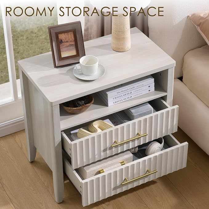Fluted Nightstand with 2 Drawers, 27" Modern Nightstands Set of 2 with Storage Shelf, Large Queen Size Bedside Table and End Table for Bedroom, Office (Beige, 2 Pieces) - Image 4