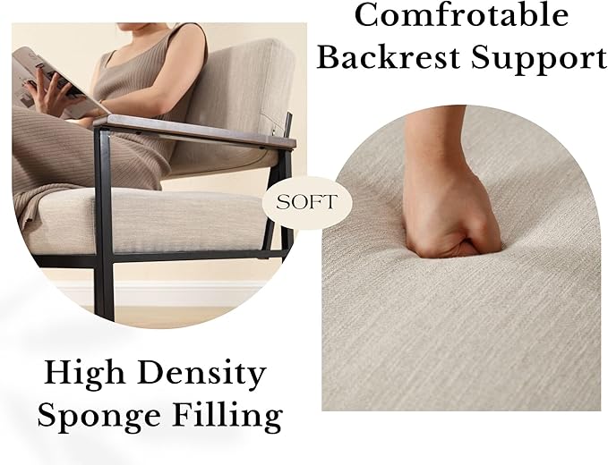LIVINOVA Mid Century Modern Accent Chair Set of 1, Beige Linen Upholstered Armchair with Black Metal Frame, Comfortable Lounge Reading Chair for Living Room, Bedroom, Office Reception