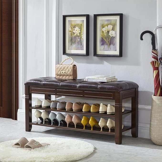 LEILISI Shoe Bench, Storage Rack Organizer with Cushion 2 Tier Lift Top Shoe Rack for Entryway Living Room Bedroom Hallway Wooden Furniture (Brown, 39.4'') - Image 5