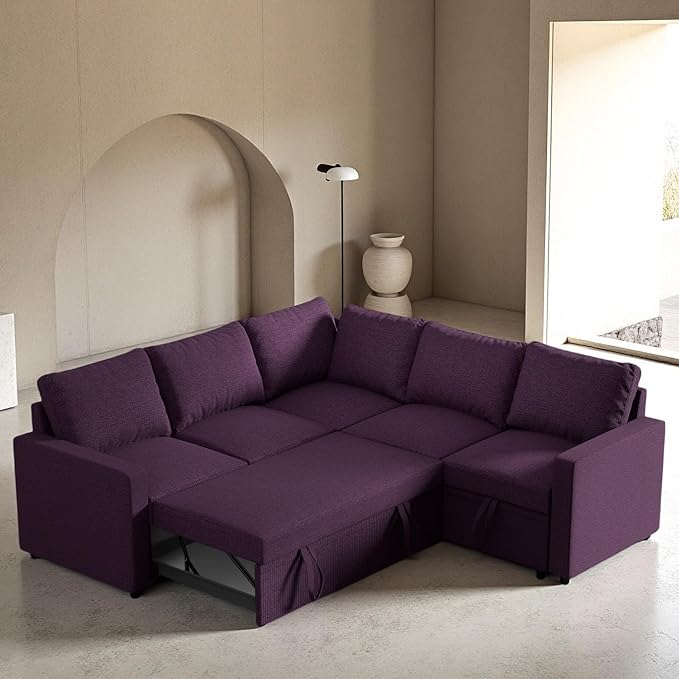 Modular Sofa Bed Couch with Storage, 82" Reversible Sleeper Sofas with Pull Out Bed, Pull Out Couch for Living Room Apartment Bedroom Office, Dark Purple