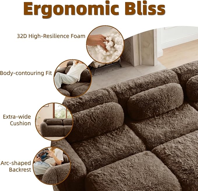 114.7" Sectional Sofa Bed, 6-Seater Modular Sleeper Boneless Couch with Movable Ottoman, Plush Convertible Sofa Set Deep Seat Couches for Living Room, Bedroom and Apartment, Chocolate
