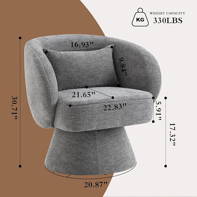 360° Swivel Accent Chair, Modern Velvet Barrel Chair with Pillow, Upholstered Single Sofa for Living Room, Bedroom, Office. Grey