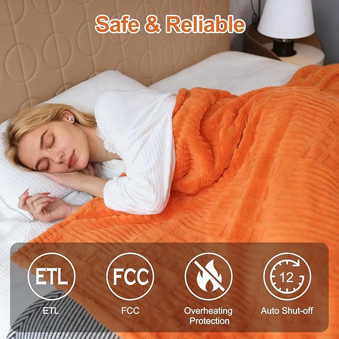 Eastsora Heated Blanket Electric King, 90"X100" Waffle Heating Blanket with 12 Heat Levels, Fast Heating Blanket with 1-12 Timer Settings, Overheat Protection with ETL & FCC for Home Office -Orange