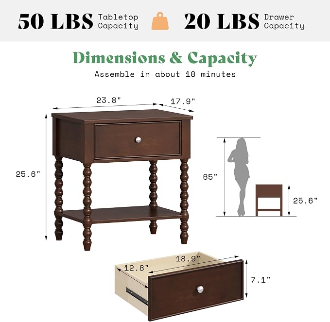 AMERLIFE 24" Walnut Nightstand, Vintage Bedside Table for Bedroom, Solid Wood Night Stand with Turned Legs, End Table with Drawer & Open Shelf, Large/Tall Nightstand, Walnut Finish - Image 2