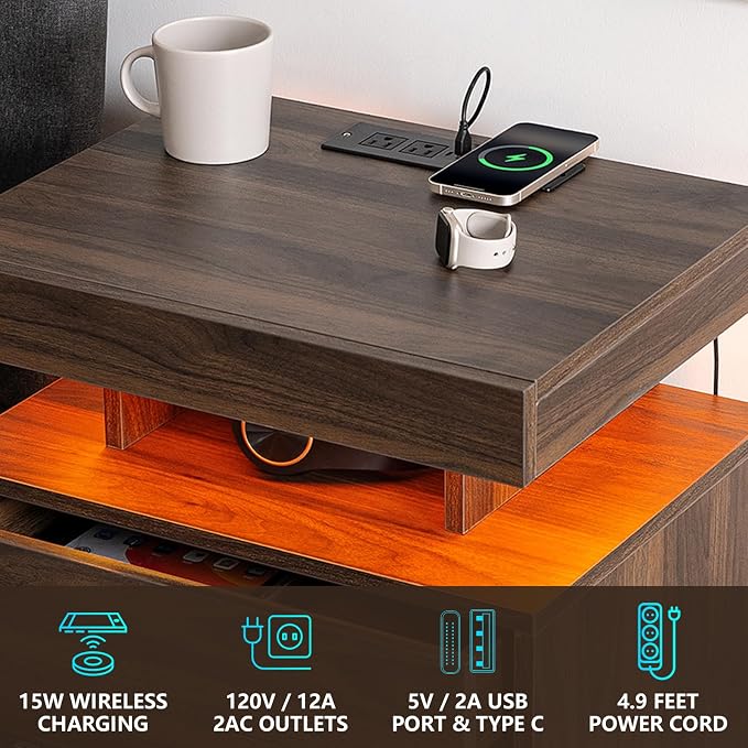 HOMMPA Nightstand with Charging Station and LED Light, Smart Nightstand with USB Port & Wireless Charging, Modern Night Stand with 3 Drawer, Rustic Beside Table for Bedroom, Walnut - Image 7