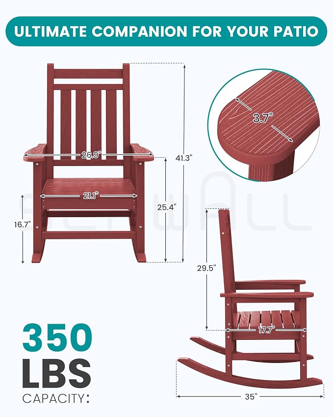 SEWALL HDPE Rocking Chair, Oversized Outdoor Rocking Chair for Adults, Patio Rocker for Porch, Crimson Red - Image 3