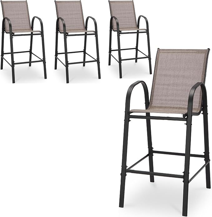 HOMREST Outdoor Bar Height Stools Set of 4,High Back Patio Chairs with Armrests,Textilene Chairs with Breathable Fabric & Metal Frame for All Weather,Taupe by HOMREST