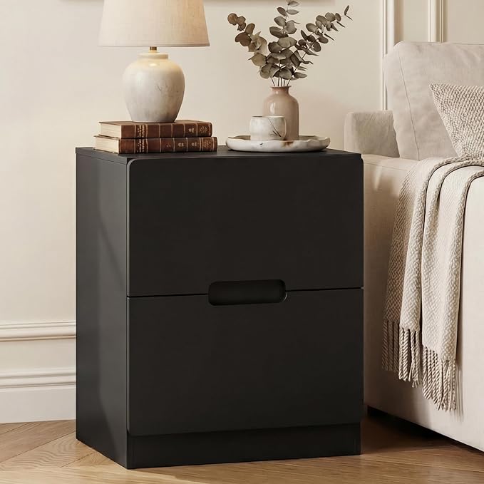 RoyalCraft Black Nightstand with Drawers, Night Stand for Bedroom, Modern Bedside Table with Handless Design, Wood End Table for Living Room, Hallway by Bringyoubetterlife