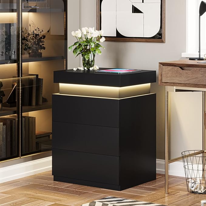 ADORNEVE Nightstand with Charging Station and LED Lights,Night Stand with Sliding Top,Bedside Table with Drawers,Modern End Side Table for Bedroom,Black - Image 6