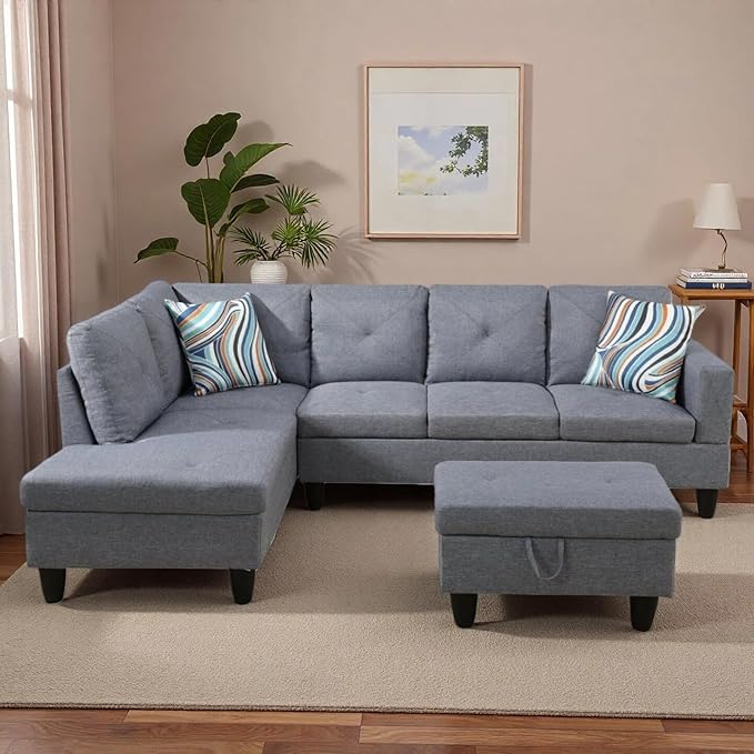 L-Shaped Sectional Sofa with Movable Chaise & Storage Ottoman, Lounge 3-Piece Modular Convertible Couches for Living Room, Apartment & Office, Grey