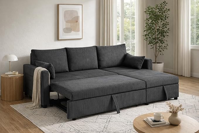 Queen Sleeper Sofa, Convertible Sofa Bed with Storage, 85 Inch Sectional Couch with Pull Out Bed, L Shaped 3 Seat Sectional Sleeper Sofa for Living Room, Apartment, Black