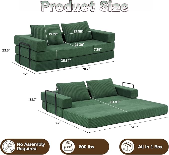Convertible Sofa Bed, 4-in-1 DIY Combination Boneless Sleeper Sofa Bed with Pillows, Comfy Modular Couch with Fixed-Shape Frame, Corduroy Convertible Lounge Couch for Living Room, Green