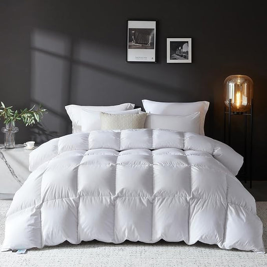 L LOVSOUL Goose Feather Down Fiber Comforter King Size, 100% Organic Cotton Fabric Duvet Insert,1200TC,750+FP, Hotel Collection, All Season White Comforters with 8 Tabs,106x90in