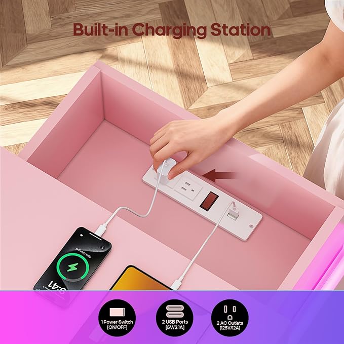 ADORNEVE Nightstand with Charging Station and LED Lights,Night Stand with Sliding Top,Bedside Table with Drawers,Modern End Side Table for Bedroom,Pink - Image 3