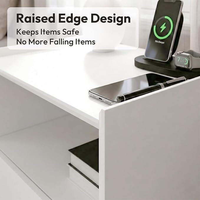 24" Tall Nightstand with Charging Station Including USB-C, Modern Bedside Table and Sofa End Table - White, 2 Drawers, 1-Pack - Image 8
