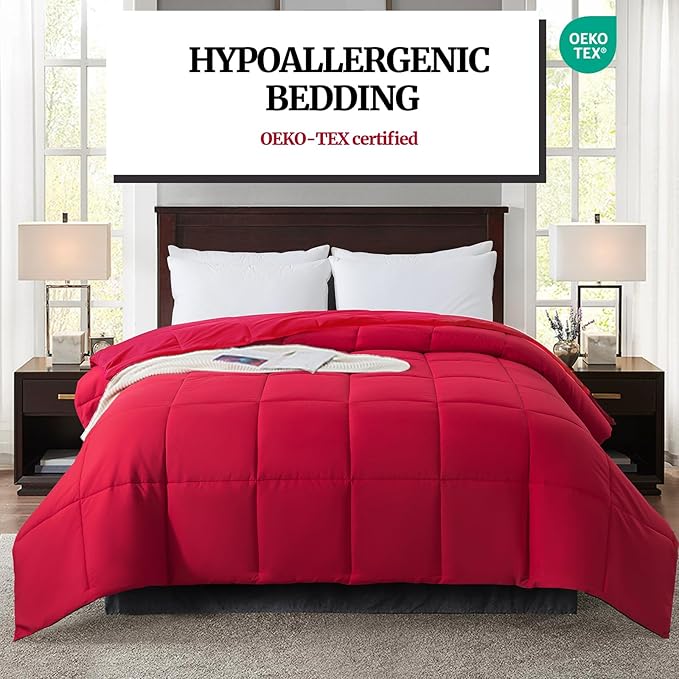 Duvet Insert Down Alternative Bedding Comforter Queen Size - All-Season Bedding - Lightweight & Machine Washable (Bright Red, Queen (U.S. Standard))