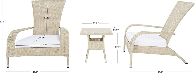 SAFAVIEH Outdoor Patio Furniture Collection Edna 3-Piece Lounge Set with Beige Faux Rattan Armchairs, Cushions & Side Table, Conversation Seating (PAT7719B)