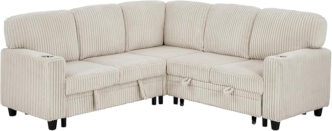 ERYE L-Shaped Symmetrical Sleeper Sectional Sofa W/Pull Out Sleeper Couch Bed and Storage Seat for Living Room, Corduroy Tufted Corner Convertible Sofa Bed with USB-C Ports