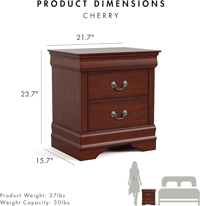 Furniture of America Arabella Traditional Solid Wood Nightstands Set of 2, Bedside Table with Drawers and Antique Nickle Handles, No Assembly Wooden Night Stands for Bedrooms, Guest Room, Dorm, Cherry - Image 3