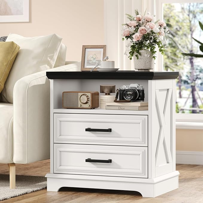 knoworld 24 Inch Wide Farmhouse Nightstands Set of 2 with Charging Station, White Nightstand with 2 Large Drawers, Rustic Wood End Table for Bedroom - Image 8