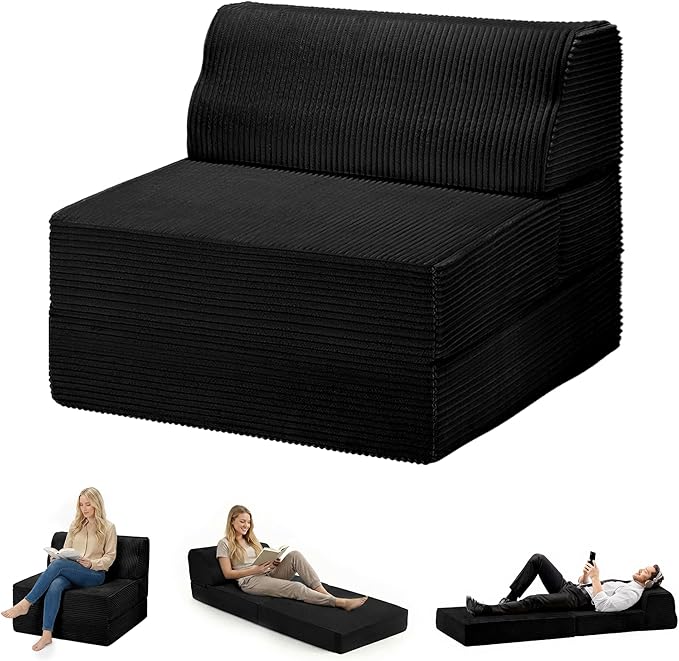 Folding Sofa Bed with Pillow, Memory Foam Fold Out Chair Bed, Convertible Sleeper Chair with Washable Cover, Futon Floor Couch for Living Room/Dorm/Guest Use/Home Office/Apartment, Black