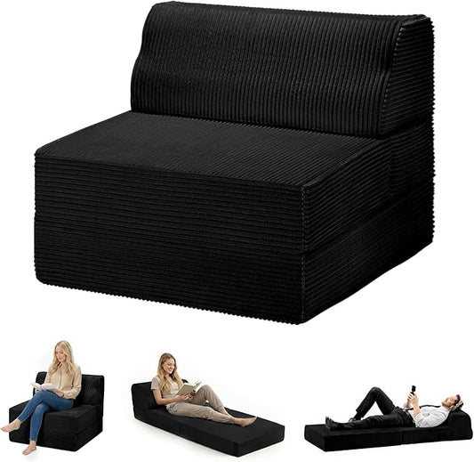 Folding Sofa Bed with Pillow, Memory Foam Fold Out Chair Bed, Convertible Sleeper Chair with Washable Cover, Futon Floor Couch for Living Room/Dorm/Guest Use/Home Office/Apartment, Black