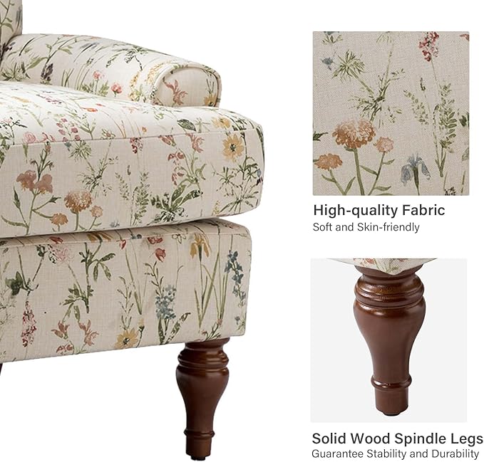 HULALA HOME Accent Chair with Solid Legs & Removable Cushion, Floral Comfy Upholstered Armchair, Leisure Single Sofa Chair for Living Room/Bedroom, Spring