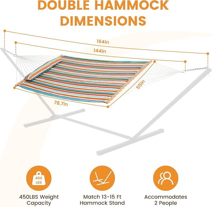 Lazy Daze Hammocks 12 FT Quilted Fabric Double Hammock with Spreader Bars and Detachable Pillow, 450lbs Weight Capacity, Bright Stripe - Image 2