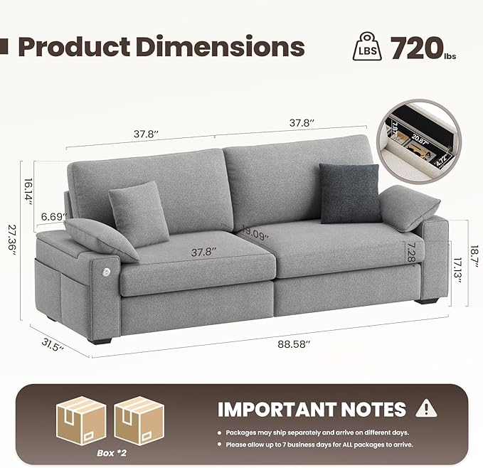 89" Loveseat Sofa, Cloud Foam Couch, 3 Seater Upholstered Midcentury Mondern Love Seat with USB Type C Ports, 4 Pillows and Storage Armrest for Living Room/Small Spaces, Grey | Breathable material