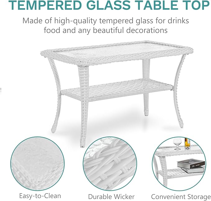 MEETWARM 5 Pieces Outdoor Patio Rattan Furniture Sets, All Weather Patio Wicker Conversation Set - 2 Rocking Swivel Chairs 1 Rattan Loveseat Glider with Cushions, 2 Coffee Table, White Wicker/Grey
