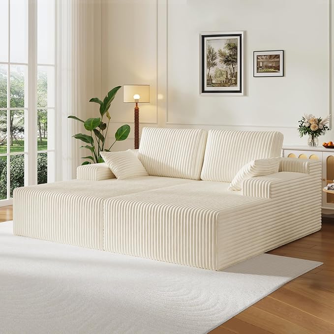 106" Boneless Couches for Living Room, Modular Sectional Sofa, L-Shape Sofa Couches,Cloud Couch Sectional, Comfy Corduroy Sofa, with Deep Seat, No Assembly Required (Beige, Loveseat Chaise)
