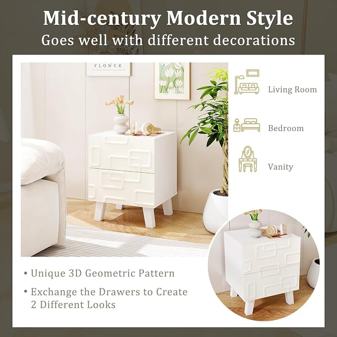 Giantex Mid Century Modern Nightstand, 2-Drawer Bedside Table with 3D Geometric Patterns, Accent Sofa Side Table, Night Stand for Small Space, Bedroom, White - Image 5