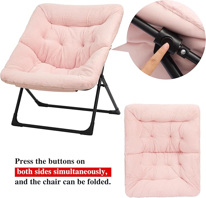 Comfy Saucer Chair for Adults, Soft Faux Fur Bedroom Chair with Ottoman, Accent Dorm Chairs, Living Room Reading Chairs and Footstool, Folding Seat for Teens, X-Large, Light Pink