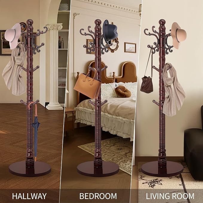 Wood Coat Rack Stand, Vintage Wooden Coat Rack Freestanding with Sturdy Round Base,Classic Coat Racks with 14 Hooks, Natural Birch Wood Standing Coat for Entryway (Vintage Round chassis) - Image 7