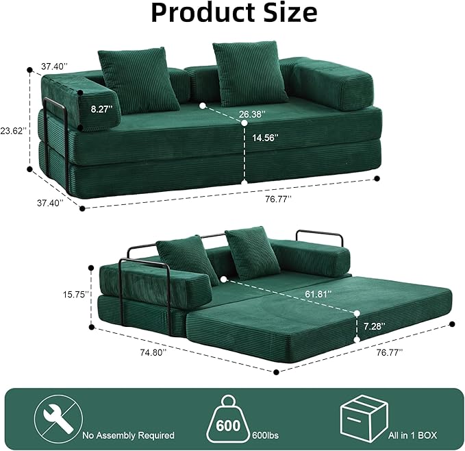 Convertible Floor Sofa Bed, Fold Out Floor Couch with Pillow Back & Armrest, Compressed Couch with Fixed-Shape Frame, Corduroy Foldable Sleeper Sofa Bed for Living Room Bedroom, Dark Green