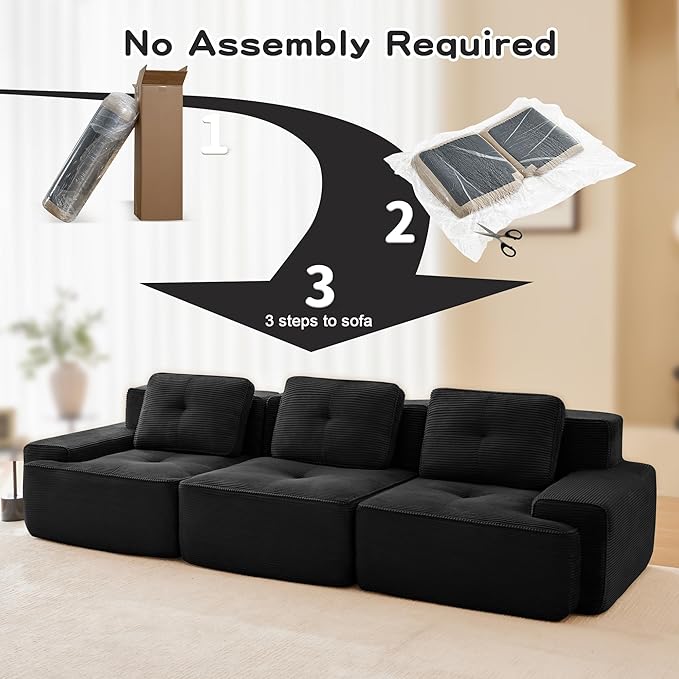 Casaphoria 115'' Black Corduroy Sofa, Boneless Sectional Couch with 3 Pillows for Modern Living Room, Deep Seat Sofa No Assembly Modular Cloud Couch