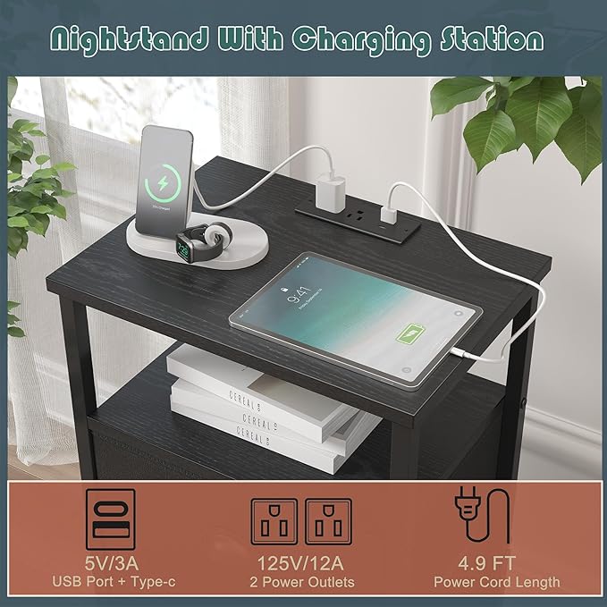 sthmec Nightstand with Charging Station,LED Black Nightstands with 5 Fabric Drawers PU Finish, Bedside End Tables, 2-Tier Open Storage Shelf Side Table Nightstand with Drawers for Bedroom, Black - Image 4