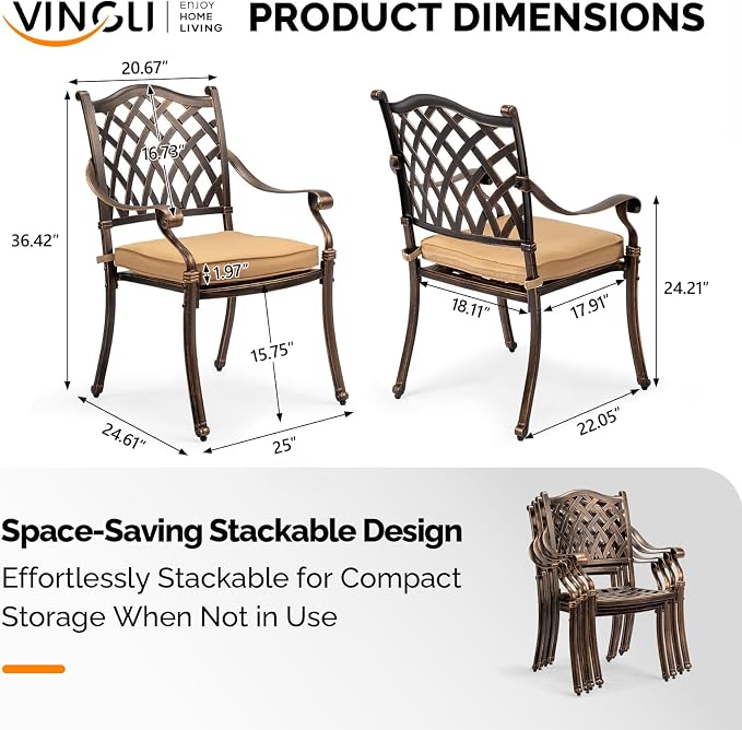 VINGLI Patio Chairs Set of 4- Stackable Outdoor Cast Aluminum Dining Chairs with Vintage Bronze Finish and Diamond Pattern, Metal Armchairs for Poolside, Backyard, Balcony (with Cushion) - Image 3