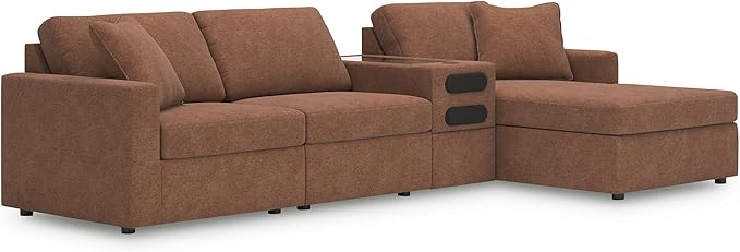 Signature Design by Ashley Modern Modmax Stain Resistant L-Shape Right-Arm Facing 4-Piece Sectional with Chaise and Audio Console, Orange