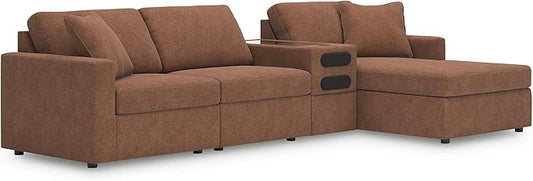 Signature Design by Ashley Modern Modmax Stain Resistant L-Shape Right-Arm Facing 4-Piece Sectional with Chaise and Audio Console, Orange