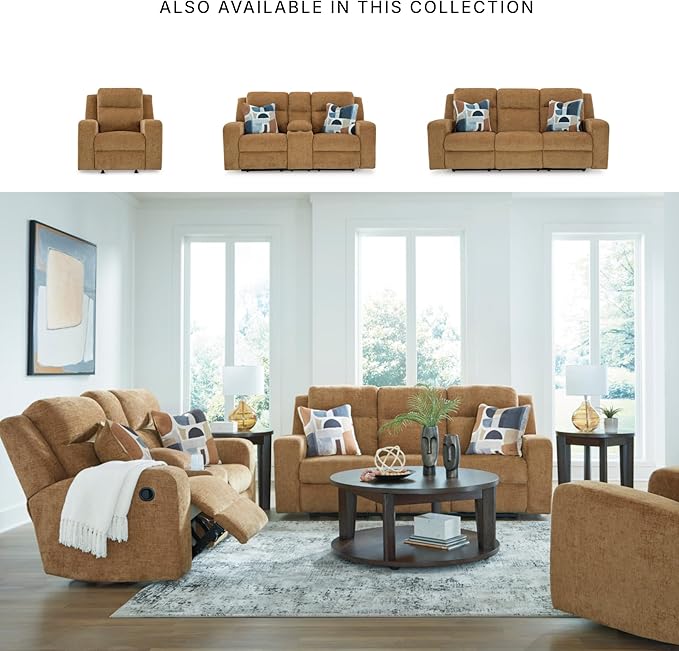 Signature Design by Ashley Kanlow Contemporary Manual Double Reclining Loveseat with Console, Storage, Cup Holders and 2 Accent Pillows, Light Brown