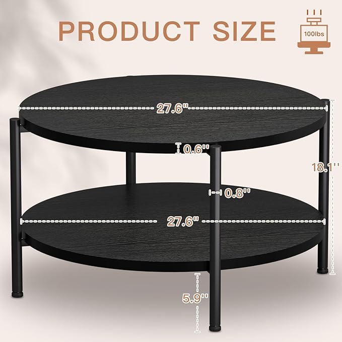 Coffee Table, 2 Tiers Round Coffee Table, Black Modern Coffee Table for Living Room, Small Space Friendly (Sturdy Metal Frame, Easy Assembly) 27.5x17.7in