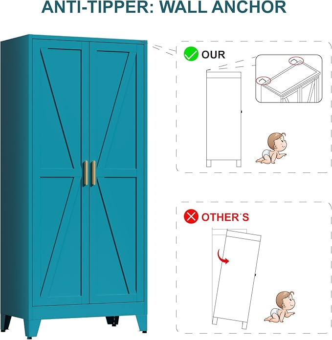 LCAOPC 71" Tall Metal Wardrobe Closet with Adjustable Shelves and Hanging Rod, 2 Doors Office Storage Locker Cabinet for Home, Office, Bedroom, Laundry Room, Blue