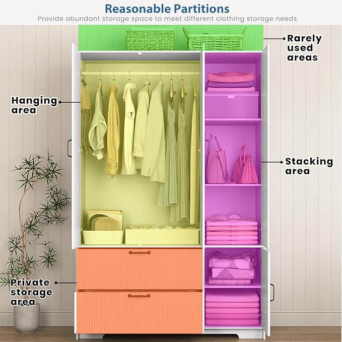 68.5” Armoire Wardrobe Closet with Mirror Door, Freestanding Modern Wooden 3 Doors Fluted Closet with 2 Drawers & Storage Cabinet & Adjustable Shelves & Hanging Rod for Bedroom (White)