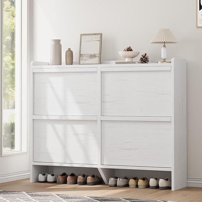 GarveeHome Shoe Cabinet with 4 Flip Drawers, Wooden Shoe Organizer Cabinet with Adjustable Shelf, Shoe Storage for Entryway, Hidden Shoe Cabinet for Hallway, Living Room, White by GarveeHome